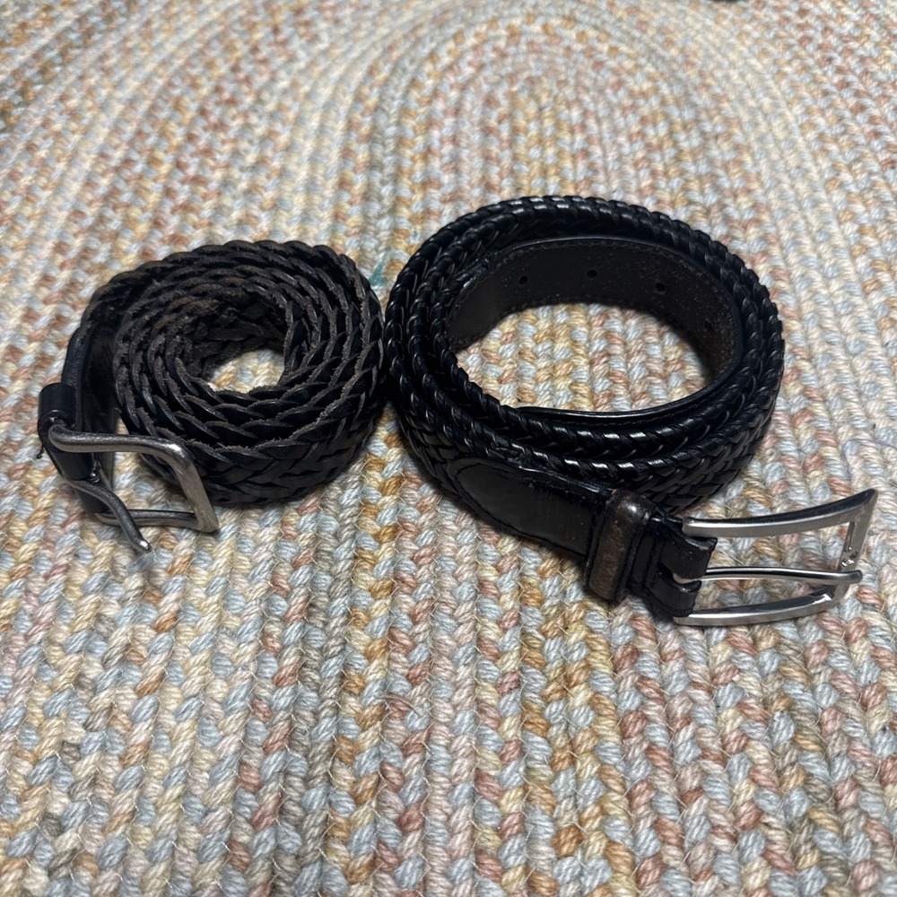 Lot of 2 Mens Brown Leather Braided Belt Sz 36,‎ Silver Buckles Genuine / China